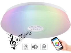 Luminea Deckenleuchte Mit Radio:RGBW-LED-Deckenleuchte, Lichtwecker, Lautsprecher, App, 1.500 Lm, 24 W