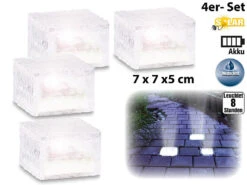 Lunartec LED Glassteine:4er-Set Solar-LED-Glasbausteine Mit Lichtsensor, Klein, 7 X 7 Cm