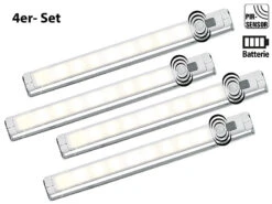 Lunartec LED Lichtleiste Batterie:4er-Set Schwenkbare Lichtleisten, PIR-Sensor, 9 SMD-LEDs, Warmweiß