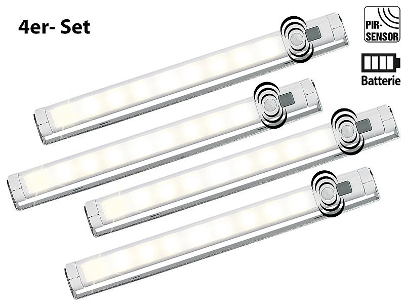 Lunartec LED Lichtleiste Batterie:4er-Set Schwenkbare Lichtleisten, PIR-Sensor, 9 SMD-LEDs, WarmweiĆ