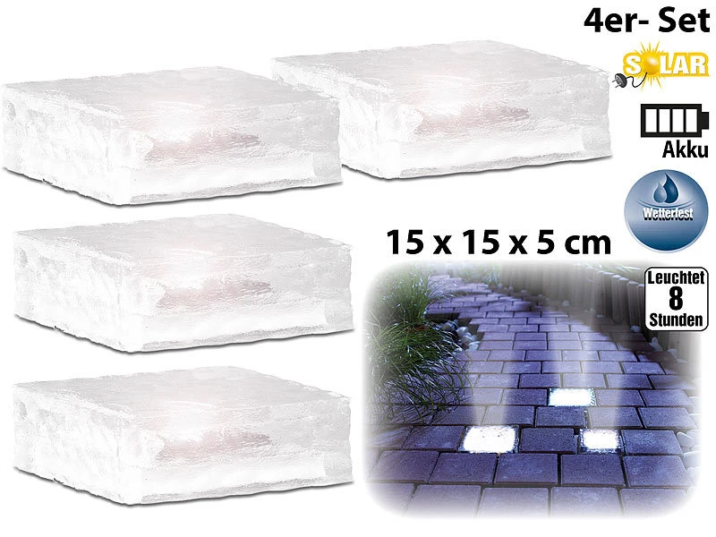 Lunartec LED Steine Solar:Solar LED Glasbaustein Mit Lichtsensor 15 X 15 X 5cm, 4er-Set