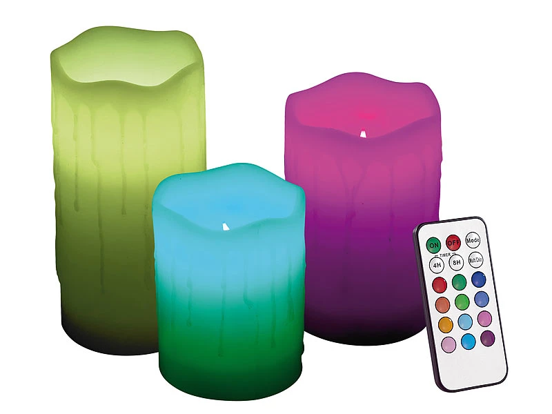 Lunartec LED Kerzen Farbwechsel:Echtwachskerzen Mit Farbwechsel-LED & Fernbedienung, 3er-Set