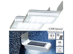 Luminea Solar-LED-Außenstrahler:2er-Set Edelstahl-LED-Solar-Wandleuchten, Licht- & Bewegungssensor