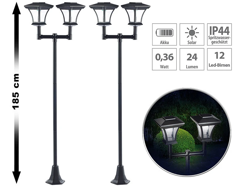 Royal Gardineer Garten LED Solarlampen:2er-Set 2-flammige Solar-LED-Gartenlaternen, SWL-25, 0,36 W, 24 Lm