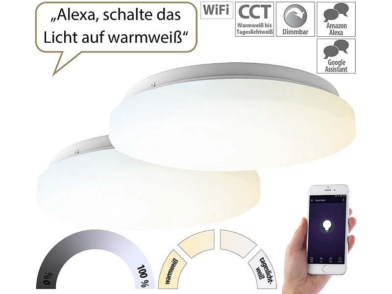 Luminea Home Control 2er-Set WLAN-LED-Deckenleuchten Für Amazon Alexa&Google Assistant, 18W – Bild 2