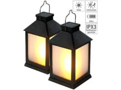 Lunartec Laterne Flammeneffekt:2er-Set Solar-Gartenlaternen, 12 Flammeneffekt-LEDs, Lichtsensor, Akku
