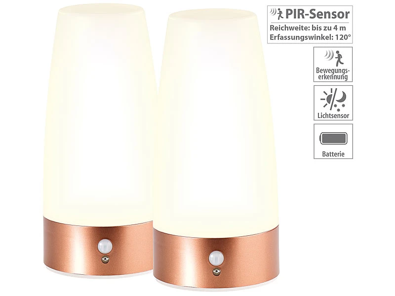 Lunartec Nachtlicht:2 LED-Tischlampen Mit PIR-Bewegungs-Sensor, Batteriebetrieb, Warmweiß