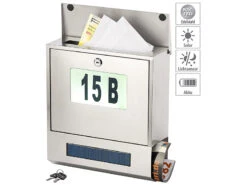 Lunartec Postkasten:Edelstahl-Briefkasten, Solar-Leucht-Hausnummer, Zeitungsfach, 3 LEDs