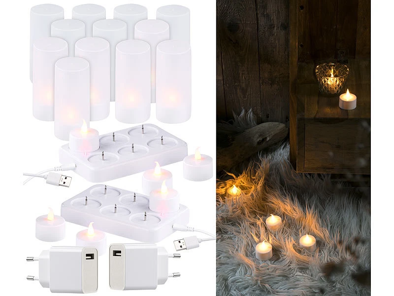 Lunartec Teelichter Zum Aufladen:2er-Set, Je 6 LED-Akku-Teelichter, Flackernde Flamme, Teelichthalter – Bild 2