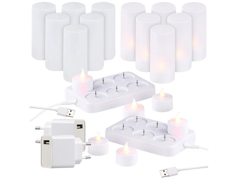 Lunartec Teelichter Zum Aufladen:2er-Set, Je 6 LED-Akku-Teelichter, Flackernde Flamme, Teelichthalter – Bild 3