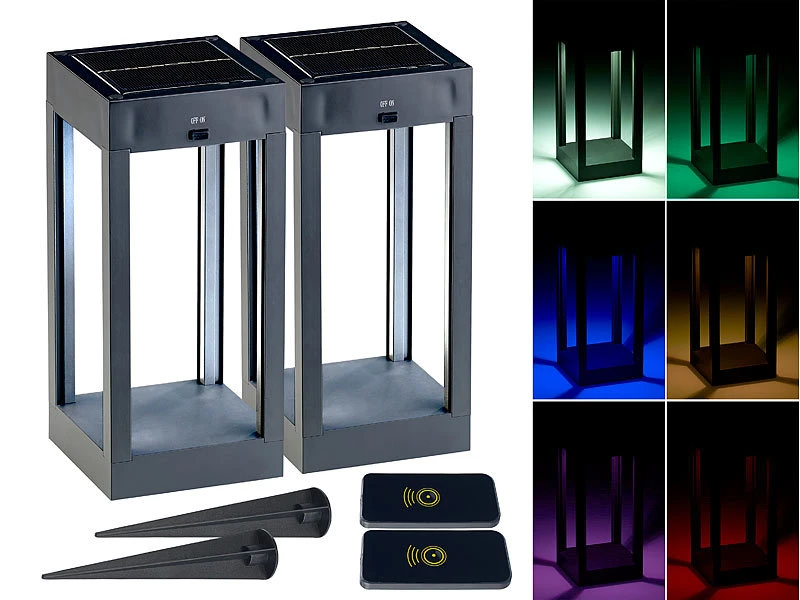 Lunartec Gartenlicht:2er-Set Outdoor-Solar-Laternen, RGB+W-LEDs, Fernbedienung, 80 Lm, 1 W – Bild 2