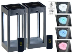 Lunartec Gartenlicht:2er-Set Outdoor-Solar-Laternen, RGB+W-LEDs, Fernbedienung, 80 Lm, 1 W