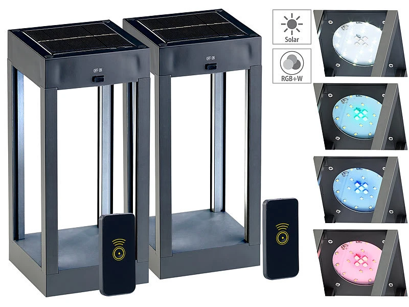 Lunartec Gartenlicht:2er-Set Outdoor-Solar-Laternen, RGB+W-LEDs, Fernbedienung, 80 Lm, 1 W