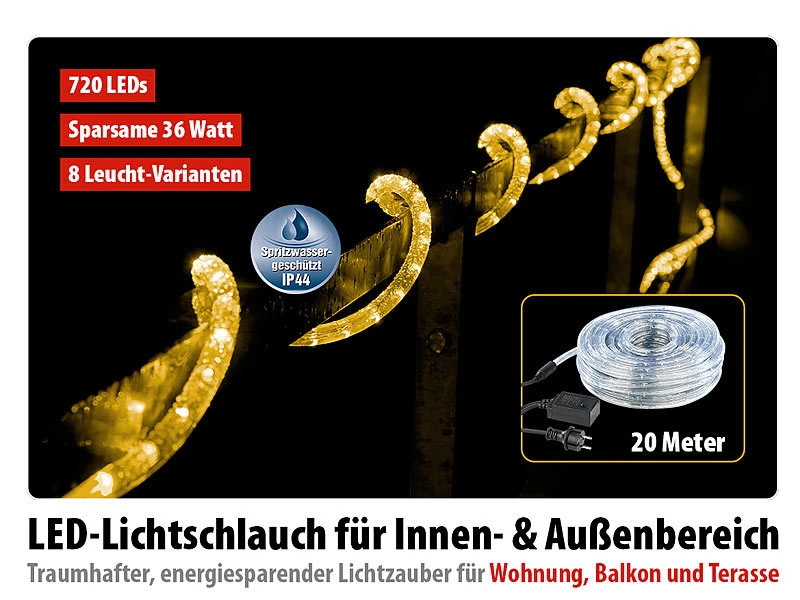 Lunartec LED Lichtschlauch Außen:LED-Lichtschlauch Innen- & Außenbereich, 720 LEDs,20 M, Warmweiß, IP44 – Bild 4