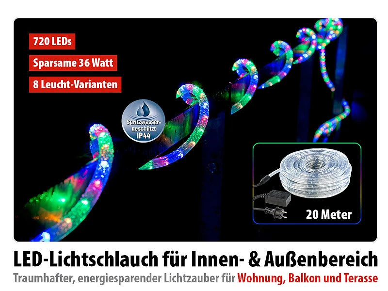 Lunartec LED Lichterschlauch:LED-Lichtschlauch, Innen- & Außenbereich, 720 LEDs, 20 M, Farbig, IP44 – Bild 4