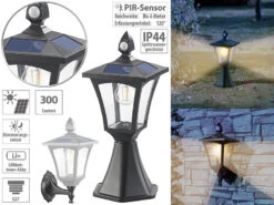 Royal Gardineer Gartenlampen:Solar-LED-Stand- & Wandlaterne, PIR-Sensor, Dämmerungssensor, 300 Lm