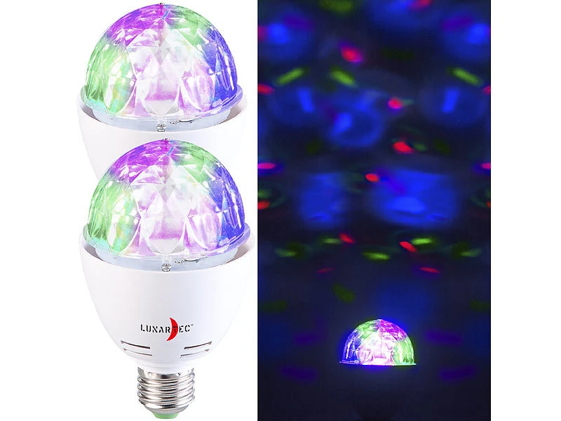 Lunartec Diskolampe:2er-Set Rotierende Disco-Leuchten Mit RGB-Farbeffekten, 3 W, E27