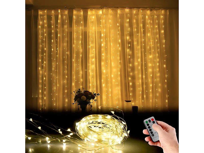 Lunartec LED Vorhang:LED-Lichtervorhang, 300 LED, Fernbedienung, 3x3m, WarmweiĆ, Timer, USB ā Bild 3