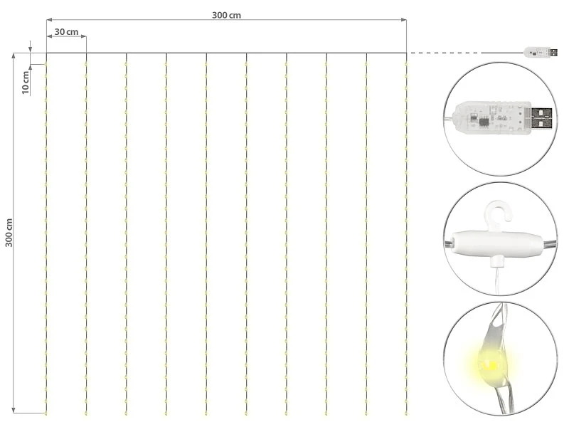 Lunartec LED Vorhang:LED-Lichtervorhang, 300 LED, Fernbedienung, 3x3m, WarmweiĆ, Timer, USB ā Bild 2