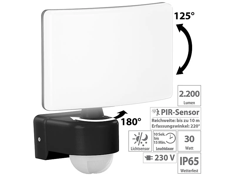 Lunartec Außenleuchte:LED-Außenstrahler Mit PIR-Bewegungssensor, 2.200 Lm, Weiß, 30 W, IP65