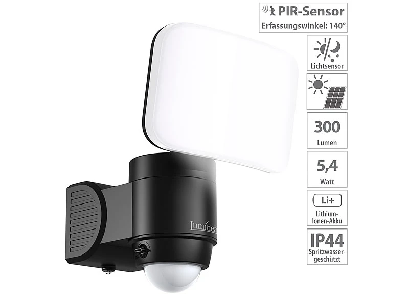 Luminea Aussenlampe:Kabelloser LED-Außenstrahler Mit PIR-Bewegungsmelder, 300 Lm, IP44