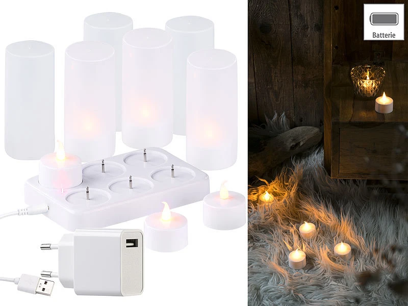 Lunartec Teelichter Zum Aufladen:2er-Set, Je 6 LED-Akku-Teelichter, Flackernde Flamme, Teelichthalter – Bild 4