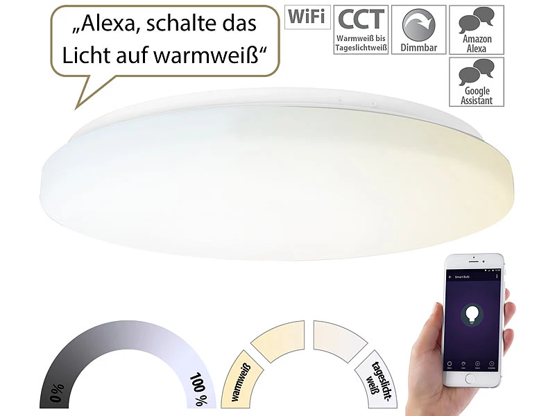 Luminea Home Control LED Deckenlampe Alexa:WLAN-LED-Deckenleuchte Für Amazon Alexa & Google Assistant, CCT, 36 W – Bild 2