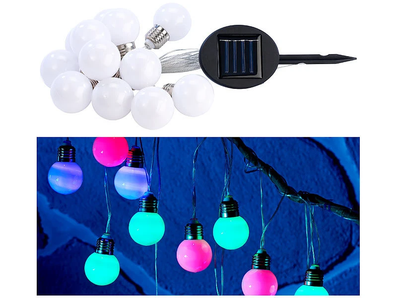 Lunartec Solarkette Balkon:Solar Lichterkette, 5 M, Multicolor, 12 LEDs Glühbirnenform