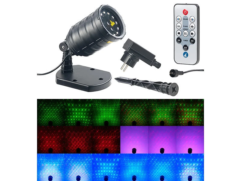 Lunartec Sternenprojektor:Laser-Projektor Mit 12 LEDs, 8 Licht-Effekte, Timer, Fernbed., IP65
