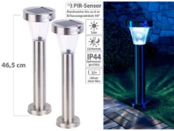 Lunartec Wegbeleuchtung Solar:2er-Set Solar-Wegeleuchte, Edelstahl, Bewegungs- & Licht-Sensor, IP44