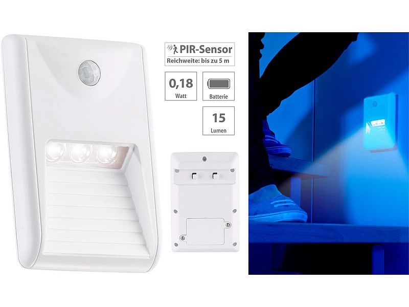 Lunartec LED Treppenbeleuchtung:3er-Set LED-Treppenleuchten & Nachtlichter Mit PIR-Bewegungssensor – Bild 9