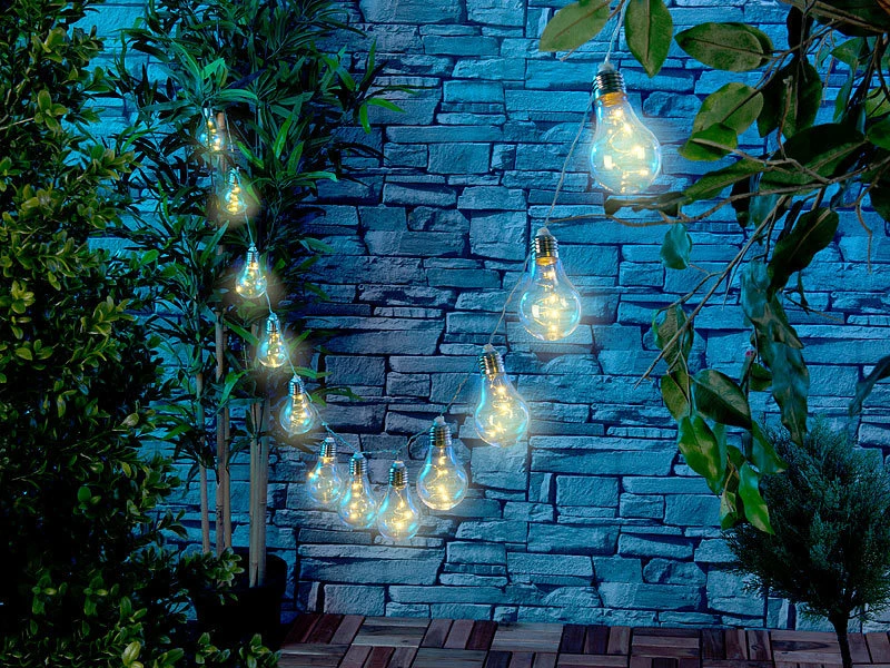 Lunartec Solar Lichterkette Retro:Solar-LED-Lichterkette Im Glühbirnen-Look, 12 Birnen, Warmweiß, 8,5 M – Bild 4