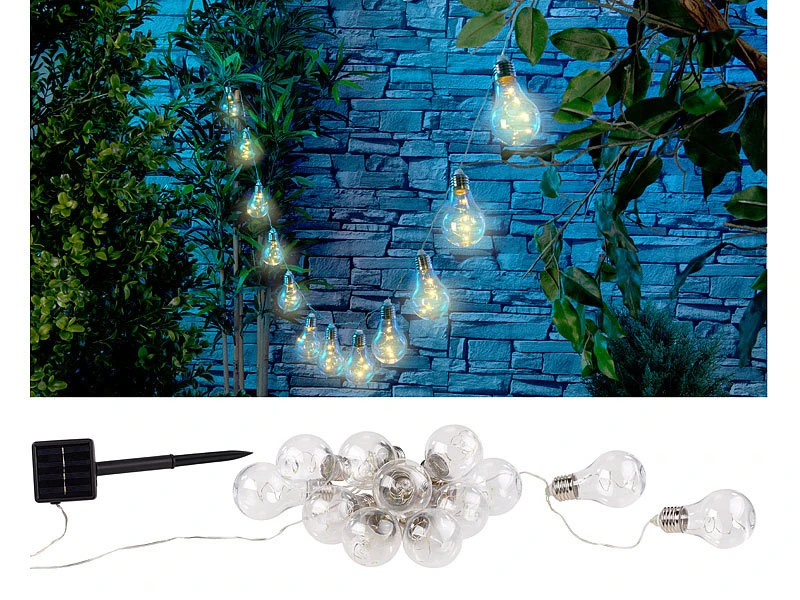 Lunartec Solar Lichterkette Retro:Solar-LED-Lichterkette Im Glühbirnen-Look, 12 Birnen, Warmweiß, 8,5 M – Bild 2