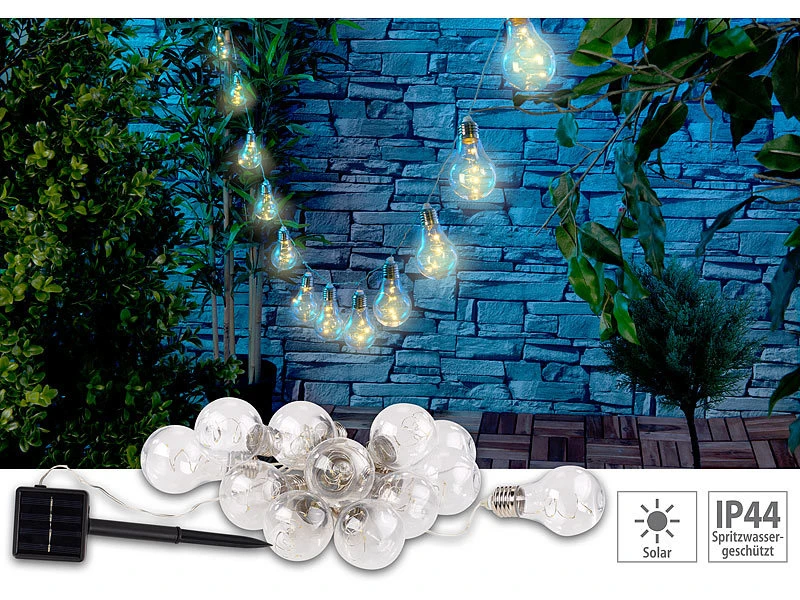 Lunartec Solar Lichterkette Retro:Solar-LED-Lichterkette Im Glühbirnen-Look, 12 Birnen, Warmweiß, 8,5 M