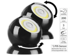 Lunartec Kabellose Lampen:2er-Set Ultrahelle COB-LED-Akku-Leuchten, PIR Sensor, 200 Lm, Schwarz