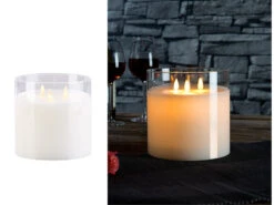 Britesta LED Kerze Im Glas Groß:LED-Echtwachs-Kerze Im Windglas Mit 3 Beweglichen Flammen, Weiß