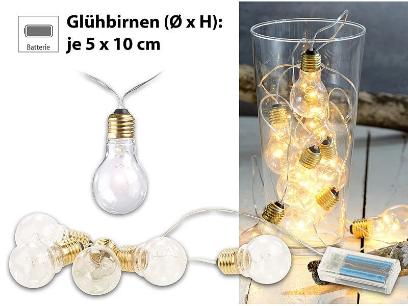 Lunartec Glühbirne Mit Batterie:Party- & Deko-Lichterkette, 5 LED-Glühbirnen, Batteriebetrieb, 150 Cm