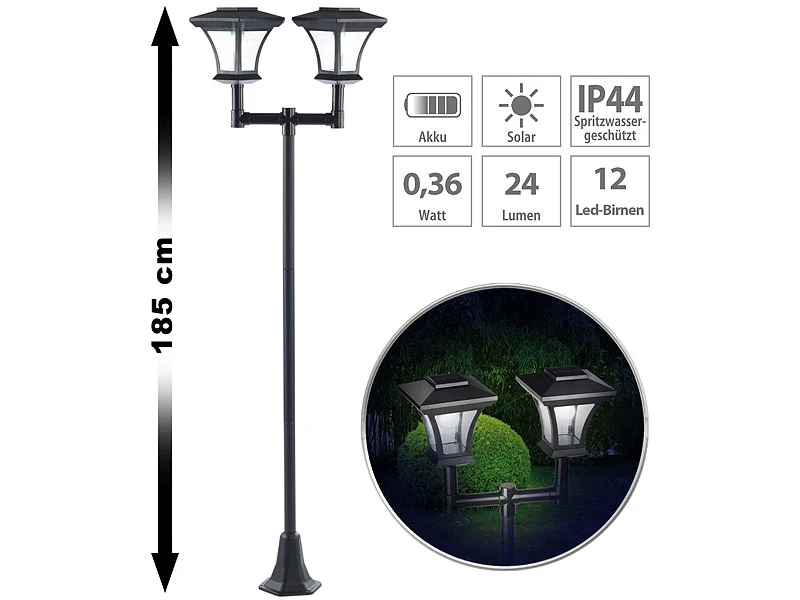 Royal Gardineer Solar LED Laterne:2-flammige Solar-LED-Gartenlaterne, SWL-25, 0,36 W, 24 Lm, 185 Cm Hoch