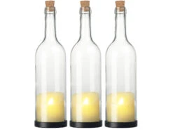 Lunartec Deko-Flasche Glas:3er-Set Deko-Glasflasche Mit LED-Kerze Und Beweglicher Flamme, Timer