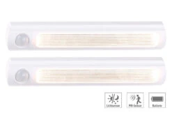 Luminea LED Schrankbeleuchtung:2er-Set LED-Schrankleuchte, PIR- & Lichtsensor, 0,6 W, 25 Lm, 6000 K