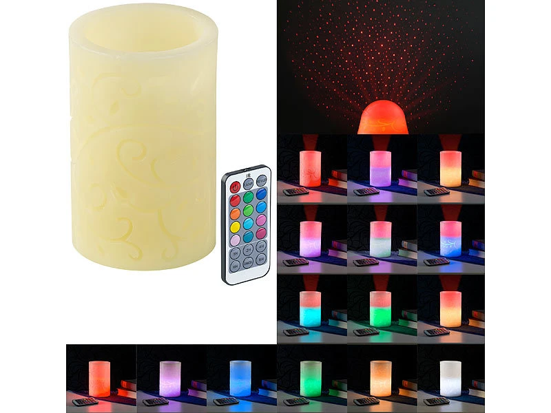 Lunartec LED Projektorkerze:Echtwachskerze Mit Farbwechsel-LED Und Laser-Projektor, Fernbedienung – Bild 2