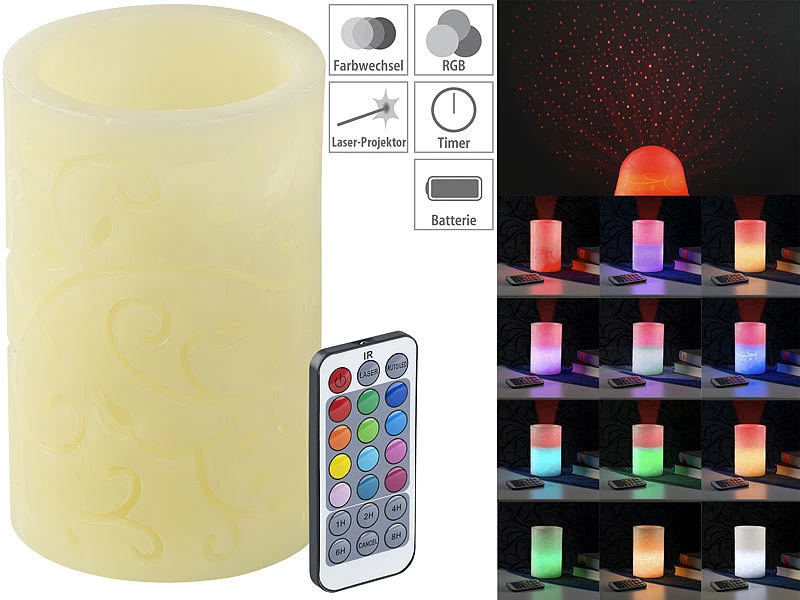 Lunartec LED Projektorkerze:Echtwachskerze Mit Farbwechsel-LED Und Laser-Projektor, Fernbedienung