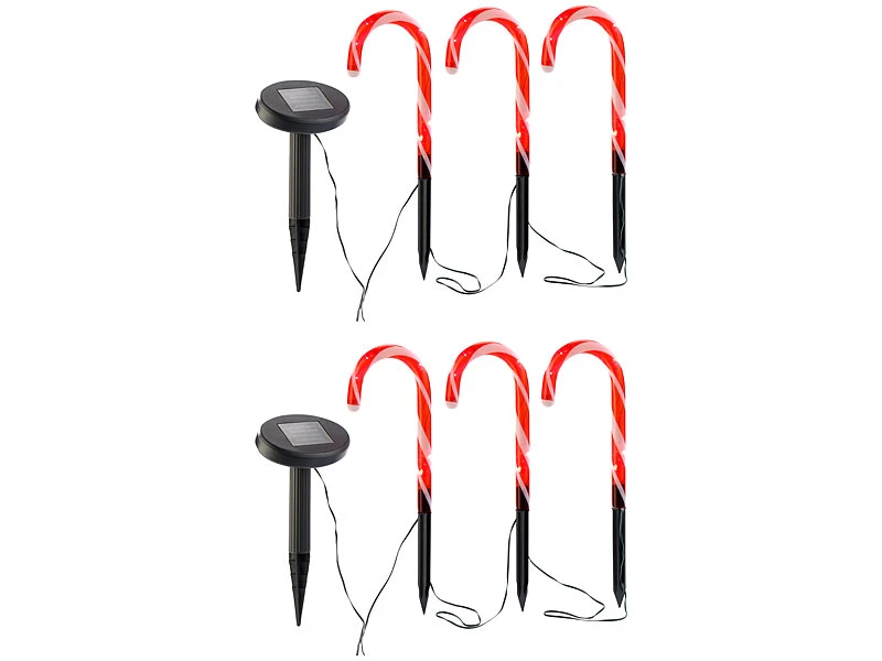 Lunartec Solar Weihnachtsdeko:Solar-LED-Gartenstecker "Zuckerstangen", IP33, Im 6er-Set