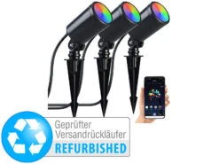 Luminea Home Control LED-Wegeleuchten 230V:3er-Set WLAN-Gartenstrahler, Dimmbar, RGB & CCT, Versandrückläufer