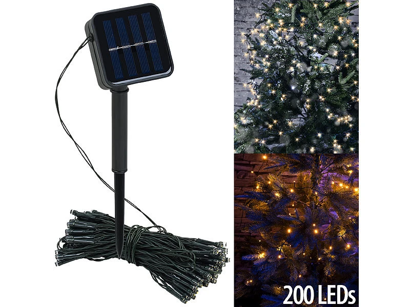 Lunartec Lichterkette Außen:Solar-Lichterkette, 200 Warmweiße LEDs, 8 Modi, 22 M, Dämmerungssensor – Bild 2