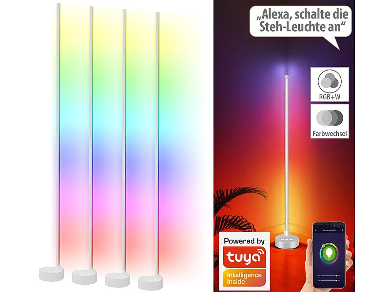 Luminea Home Control Eck Stehlampe:4er-Set WLAN-Steh-/Eck-Leuchten Mit RGB-CCT-IC-LEDs, 12W, Dimmbar, App