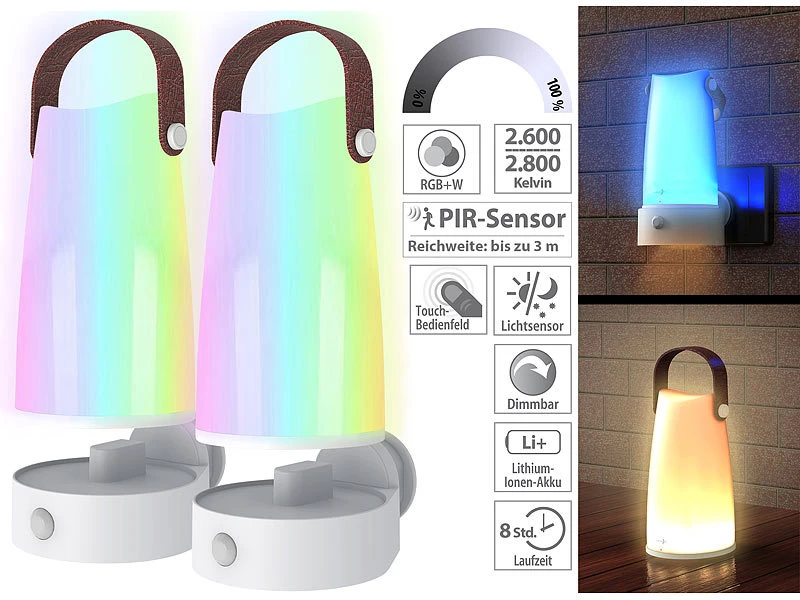 Lunartec 2er-Set 2in1-Steckdosen-Nachtlichte Mit PIR-Sensor & Akku-Tischleuchte