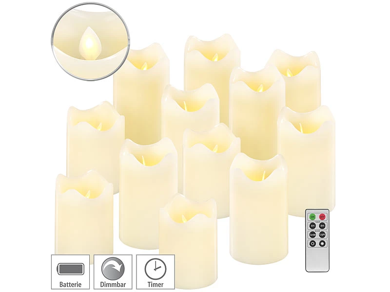 Britesta LED Kerze Timer:12er-Set Dimmbare LED-Echtwachskerzen, Bewegliche Flamme, Fernbedien.