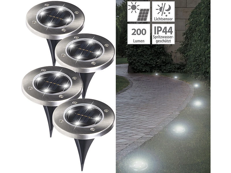Lunartec Bodenleuchten:4er-Set Solar-Gartenstrahler Mit Erdspieß, 200 Lm, IP44