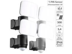 Luminea Sensor Leuchtmittel:4x Kabelloser LED-Außenstrahler Mit PIR-Bewegungsmelder, 300 Lm, IP44